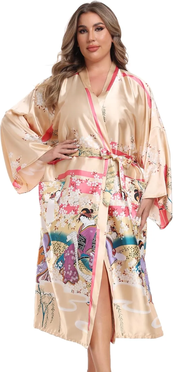Women's Plus Size Floral Robes Long Satin Kimonos Bathrobes Patterned Long Silky Sleepwear Loungewear
