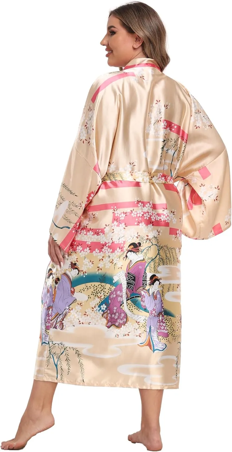 Women's Plus Size Floral Robes Long Satin Kimonos Bathrobes Patterned Long Silky Sleepwear Loungewear