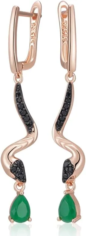 Women's Rose Gold Plated Punk Style Snake Leverback Dangle Earrings with Green Teardrop Crystal and Black Pave Accents