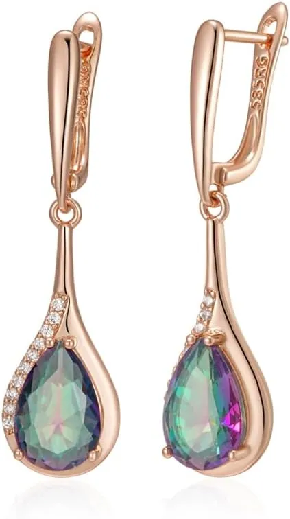 Women's Rose Gold Plated Teardrop Dangle Earrings, Mystic Rainbow Color Crystal with Clear Accents