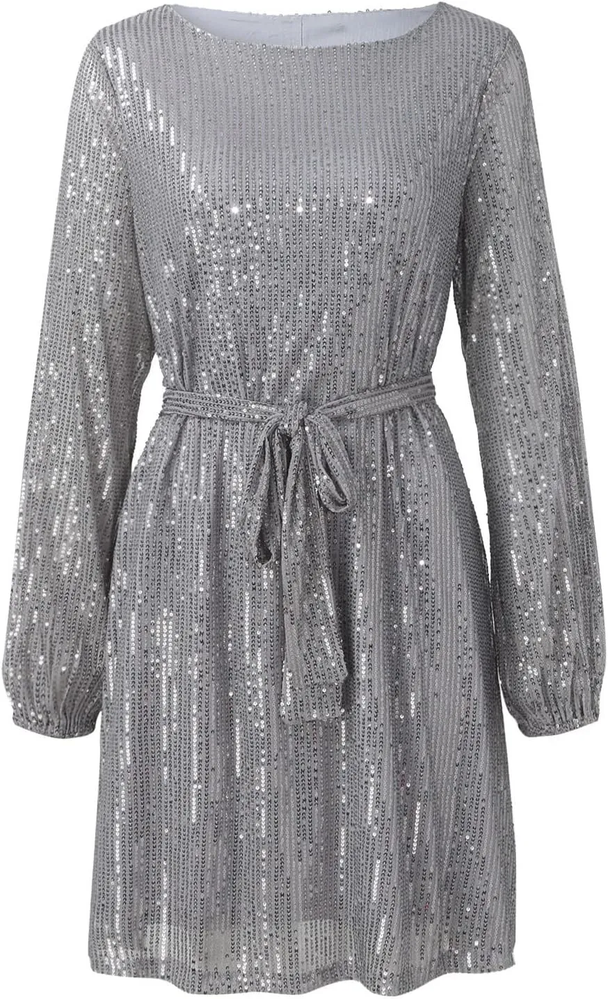 Women's Sequin Saprkly Mini Dress Long Sleeve Homecoming Boat Neck Bodycon Dress Party Prom Cocktail Glitter Dress