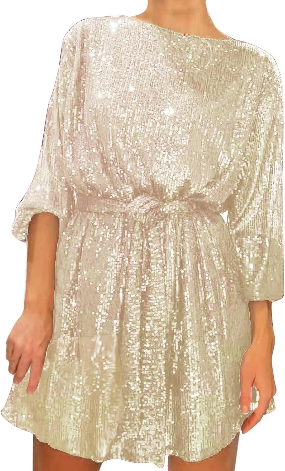 Women's Sequin Saprkly Mini Dress Long Sleeve Homecoming Boat Neck Bodycon Dress Party Prom Cocktail Glitter Dress