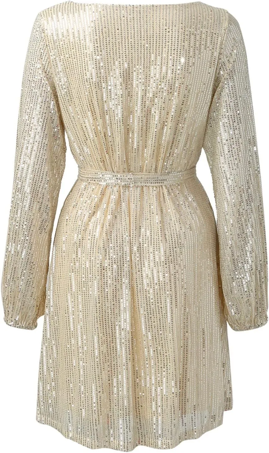 Women's Sequin Saprkly Mini Dress Long Sleeve Homecoming Boat Neck Bodycon Dress Party Prom Cocktail Glitter Dress