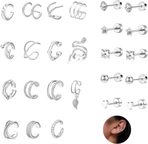 Women's Silver Ear Cuff Earrings Studs for Multiple Piercing Flat Back Earrings Cartilage Small Stud Earrings