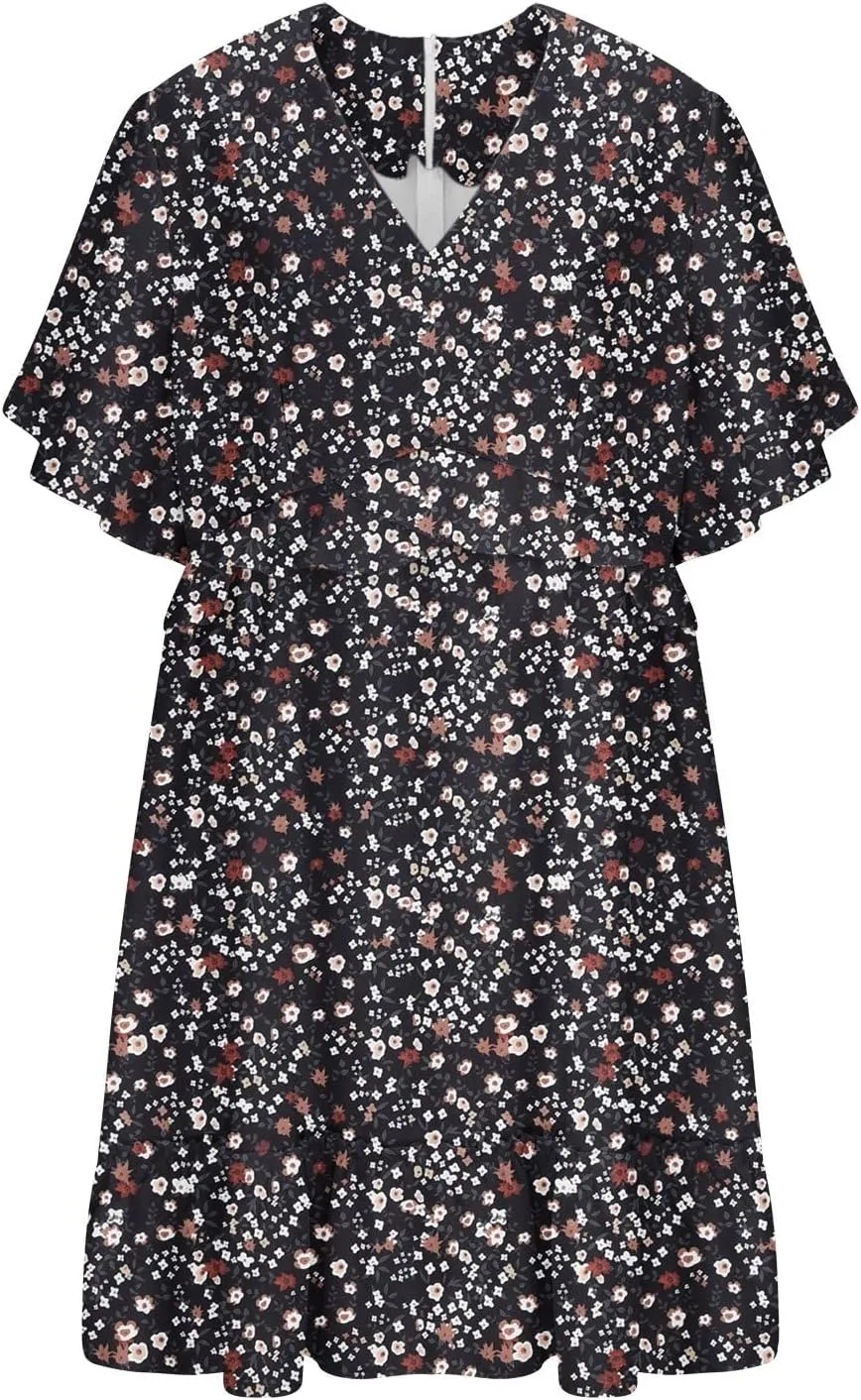 Women's Summer Wrap V Neck Polka Dot Print Ruffle Short Sleeve Mini Floral Dress with Tennis Dresses for Women