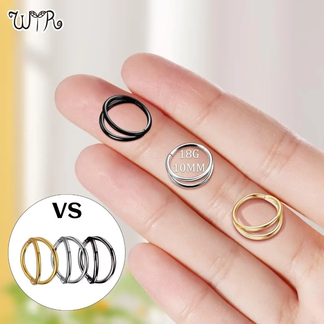 WYR 2pcs Hoop Nose Rings Clicker: Black Silver Stainless Steel Septum Rings Segment Hoop Cartilage Earring Lip Rings Helix Conch Daith Piercing Jewelry 14G 20G 8mm