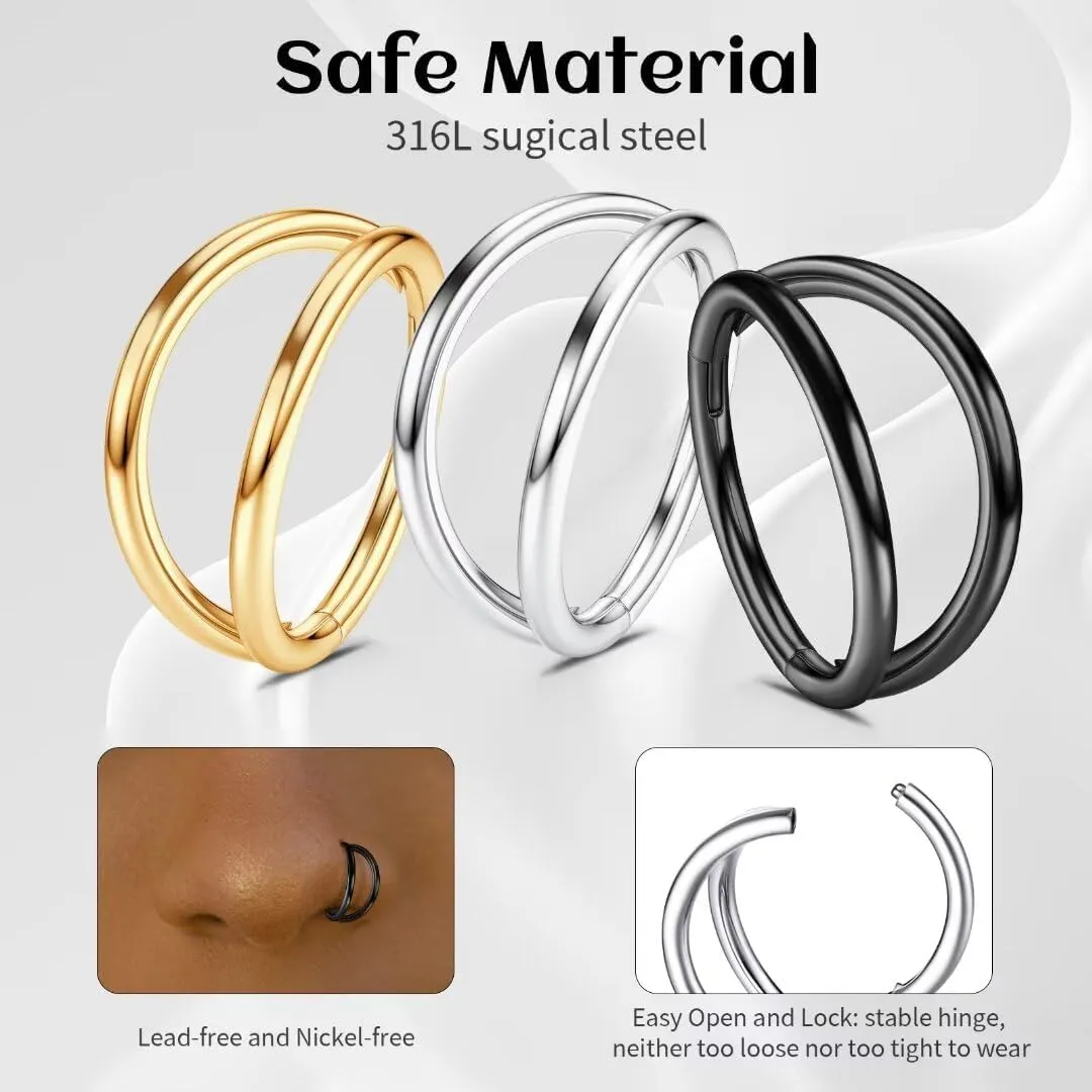 WYR 2pcs Hoop Nose Rings Clicker: Black Silver Stainless Steel Septum Rings Segment Hoop Cartilage Earring Lip Rings Helix Conch Daith Piercing Jewelry 14G 20G 8mm