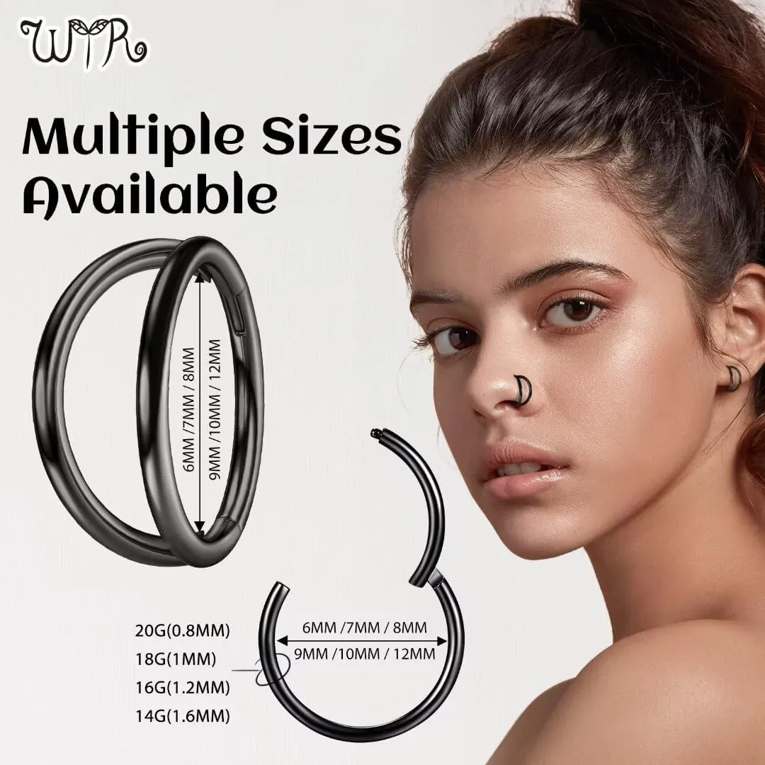WYR 2pcs Hoop Nose Rings Clicker: Black Silver Stainless Steel Septum Rings Segment Hoop Cartilage Earring Lip Rings Helix Conch Daith Piercing Jewelry 14G 20G 8mm