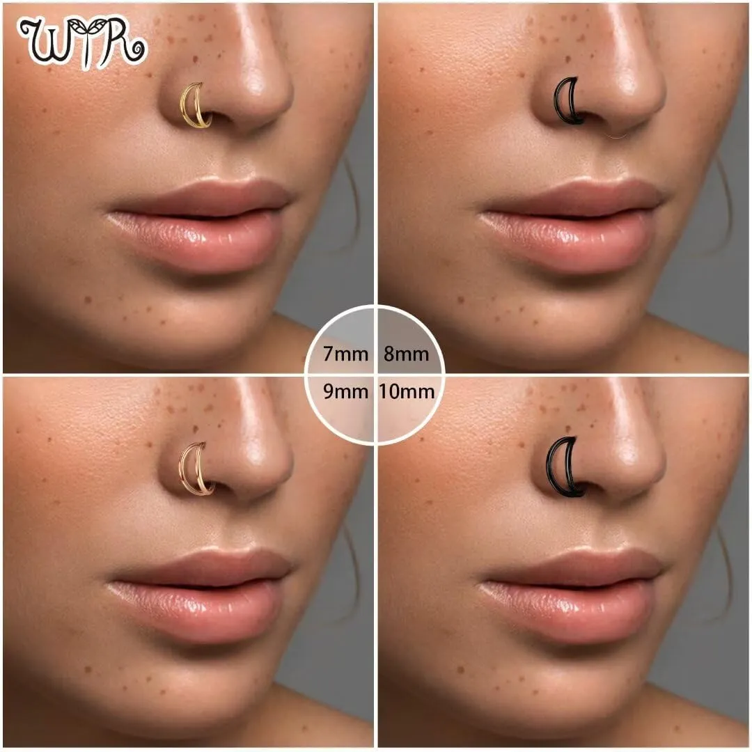WYR 2pcs Hoop Nose Rings Clicker: Black Silver Stainless Steel Septum Rings Segment Hoop Cartilage Earring Lip Rings Helix Conch Daith Piercing Jewelry 14G 20G 8mm