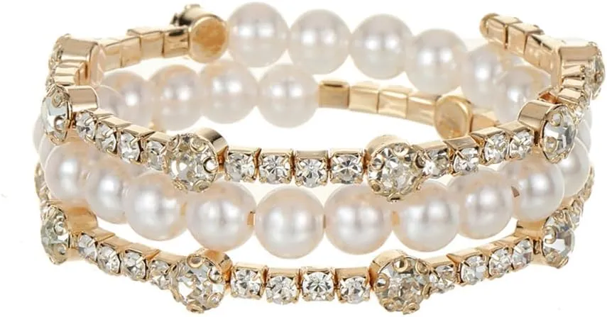 Xerling Dainty Crystal Multi Row Bracelets Faux Pearl Bracelets for Women Rhinestones Hand Chain Jewelry Wrist Bangle Bracelets Elastic Golden Bracelets