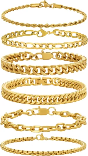 XIANNVXI 6 Pcs Stainless Steel Bracelets for Men Women Cuban Link Bracelet Rope Paperclip Chain Bracelets Set 7.5/8.3/9 Inches Mens Metal Bracelets