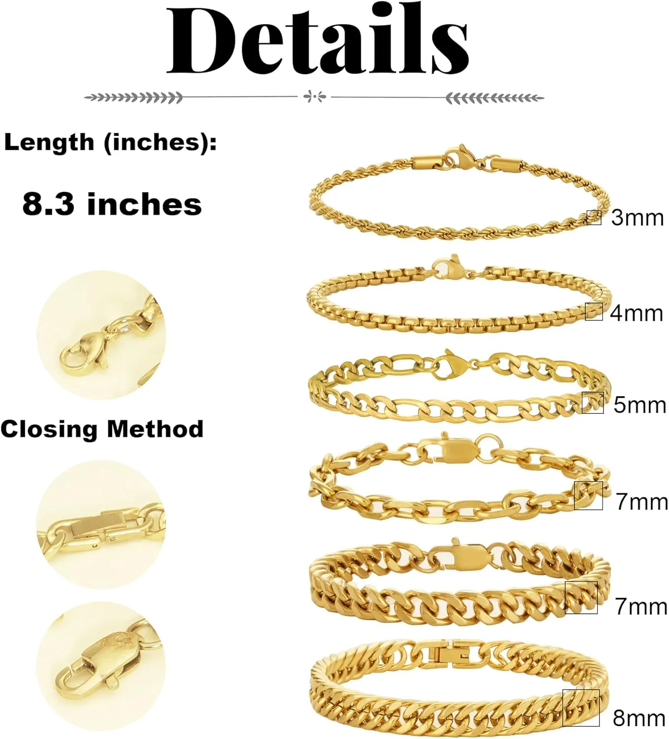XIANNVXI 6 Pcs Stainless Steel Bracelets for Men Women Cuban Link Bracelet Rope Paperclip Chain Bracelets Set 7.5/8.3/9 Inches Mens Metal Bracelets