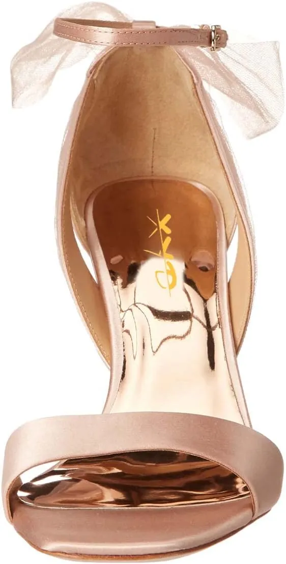 XYD Women Satin Sandals Open Toe Bridal Wedding Shoes Block High Heels with Rear Mesh Bow Ankle Strap Prom Party Pumps
