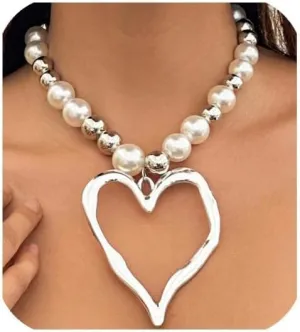 Y2k Large Heart Necklaces for Women Chunky Love Pearl Ball Beads Choker Necklaces Exaggerated Big Hollow Heart Pendant Necklace Statement Jewelry Gifts