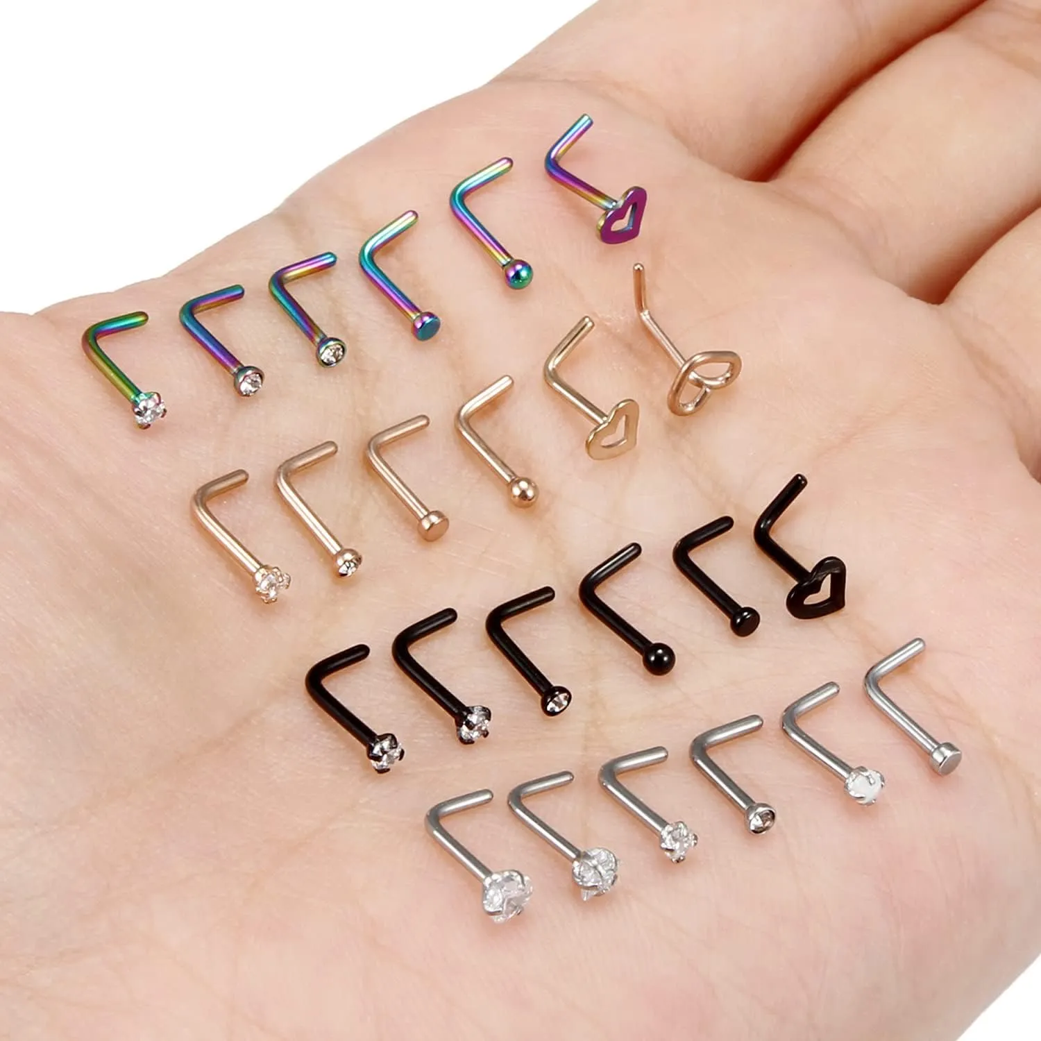 Yaalozei 18G 20G Nose Rings Piercings Hypoallergenic Nose Studs 316L Surgical Steel Heart Nose Rings L Shaped Straight Screw Nose Piercing Jewelry for Women Men Silver Black Rose Gold Colorful