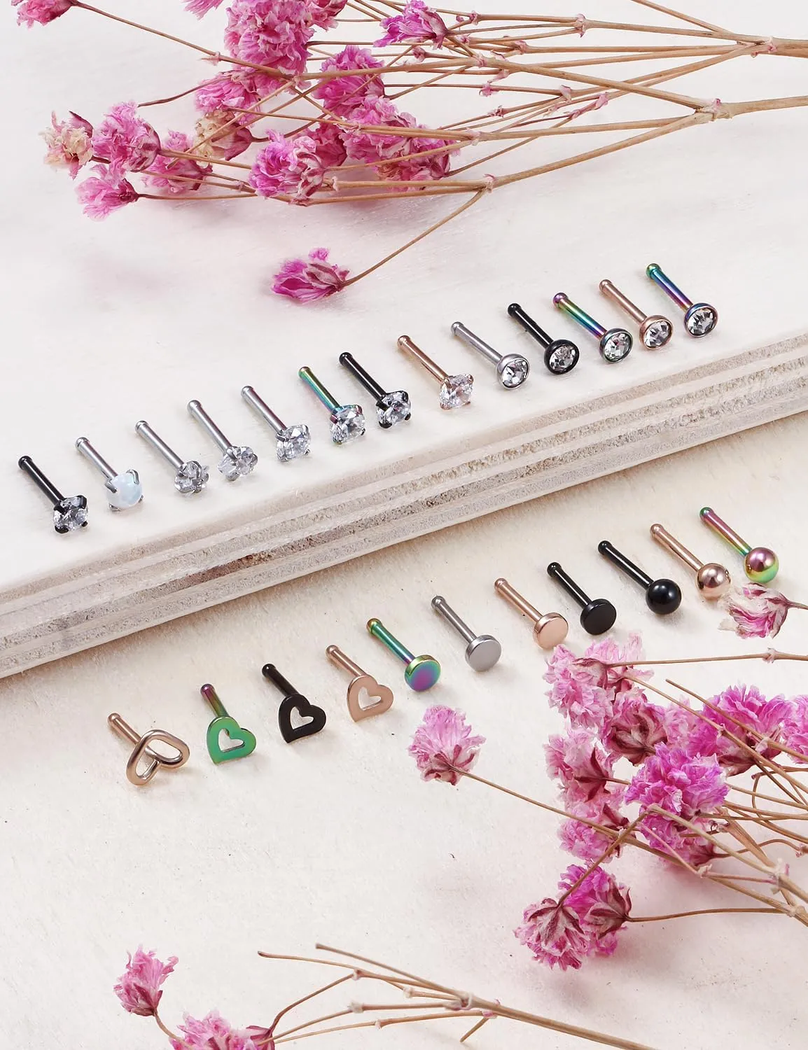 Yaalozei 18G 20G Nose Rings Piercings Hypoallergenic Nose Studs 316L Surgical Steel Heart Nose Rings L Shaped Straight Screw Nose Piercing Jewelry for Women Men Silver Black Rose Gold Colorful