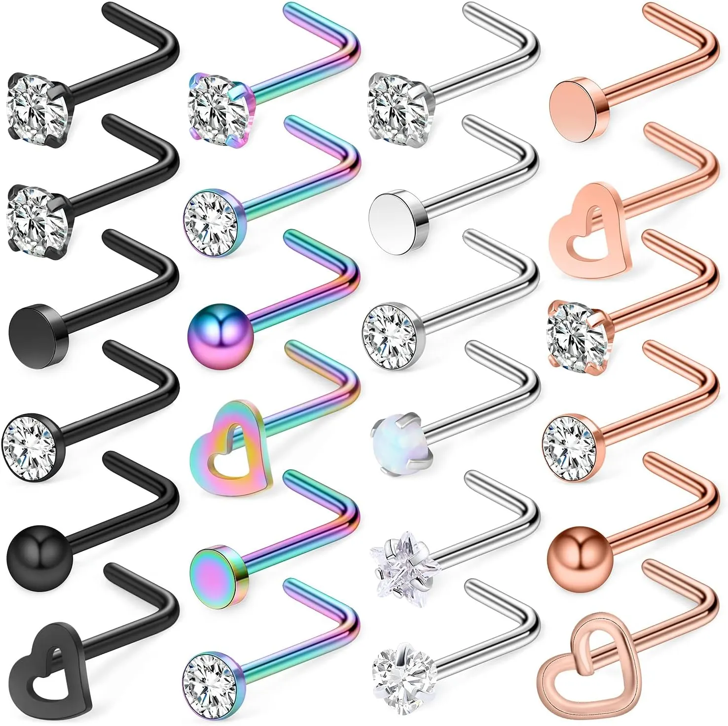 Yaalozei 18G 20G Nose Rings Piercings Hypoallergenic Nose Studs 316L Surgical Steel Heart Nose Rings L Shaped Straight Screw Nose Piercing Jewelry for Women Men Silver Black Rose Gold Colorful