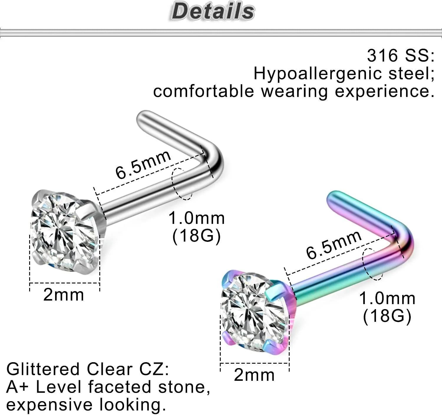 Yaalozei 18G 20G Nose Rings Piercings Hypoallergenic Nose Studs 316L Surgical Steel Heart Nose Rings L Shaped Straight Screw Nose Piercing Jewelry for Women Men Silver Black Rose Gold Colorful