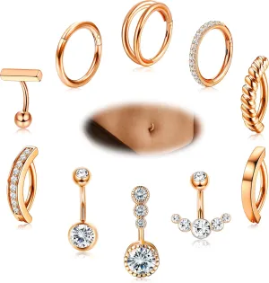 YADOCA 10Pcs Clicker Belly Button Ring for Women Surgical Steel CZ Belly Rings Simple Bar Reverse Curved Navel Rings Hoop Clicker Segment Belly Barbell Piercing Jewelry Gold Silver Rose Gold Tone 14G