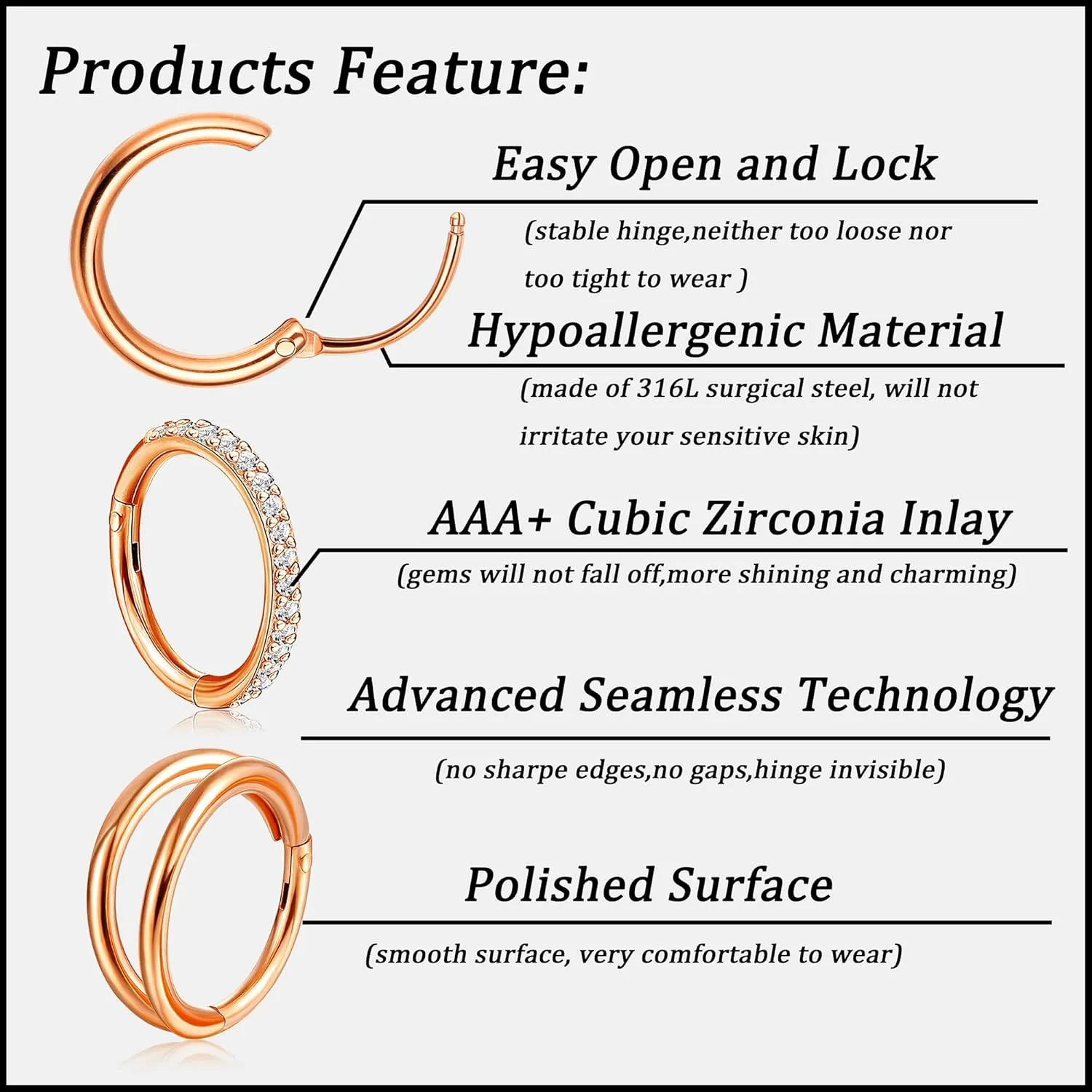 YADOCA 10Pcs Clicker Belly Button Ring for Women Surgical Steel CZ Belly Rings Simple Bar Reverse Curved Navel Rings Hoop Clicker Segment Belly Barbell Piercing Jewelry Gold Silver Rose Gold Tone 14G