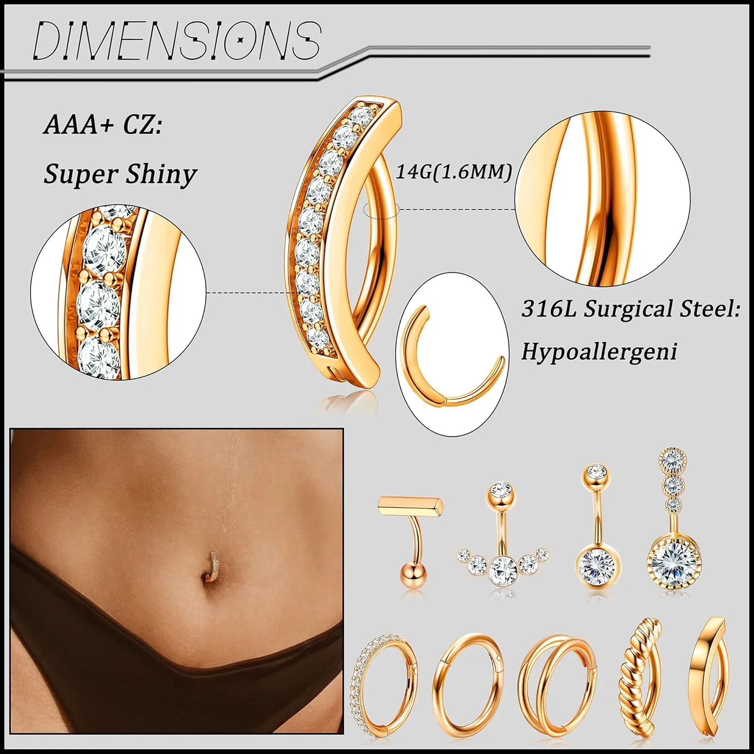 YADOCA 10Pcs Clicker Belly Button Ring for Women Surgical Steel CZ Belly Rings Simple Bar Reverse Curved Navel Rings Hoop Clicker Segment Belly Barbell Piercing Jewelry Gold Silver Rose Gold Tone 14G