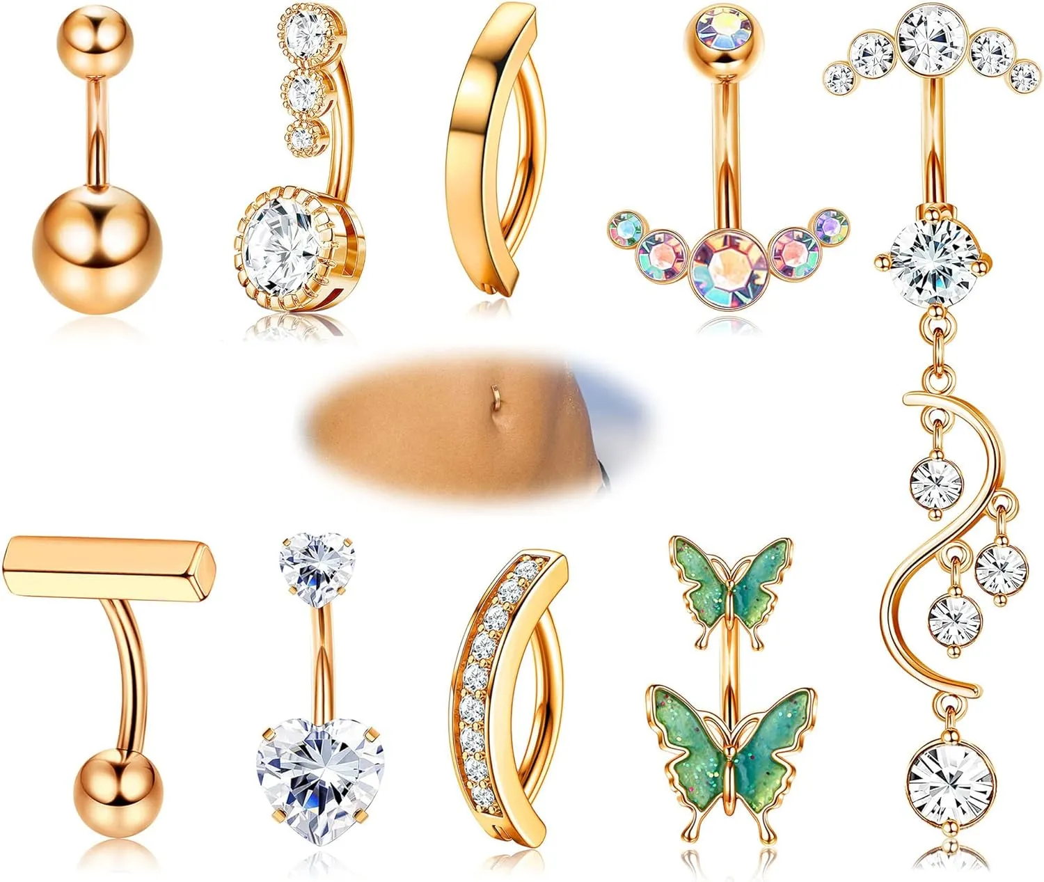 YADOCA 9Pcs Clicker Belly Button Ring for Women Surgical Steel CZ Heart Butterfly Belly Ring Dangling Bar Reverse Curved Navel Rings Belly Barbell Piercing Jewelry Gold Silver Rose Gold Tone 14G