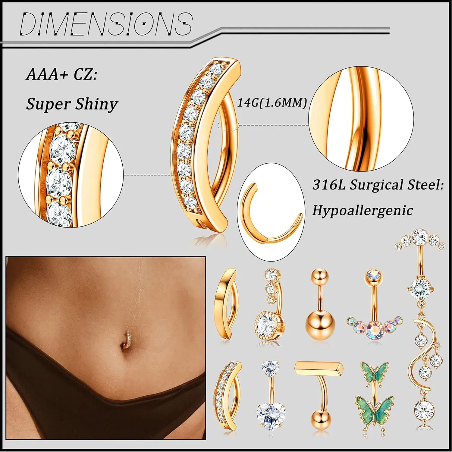 YADOCA 9Pcs Clicker Belly Button Ring for Women Surgical Steel CZ Heart Butterfly Belly Ring Dangling Bar Reverse Curved Navel Rings Belly Barbell Piercing Jewelry Gold Silver Rose Gold Tone 14G