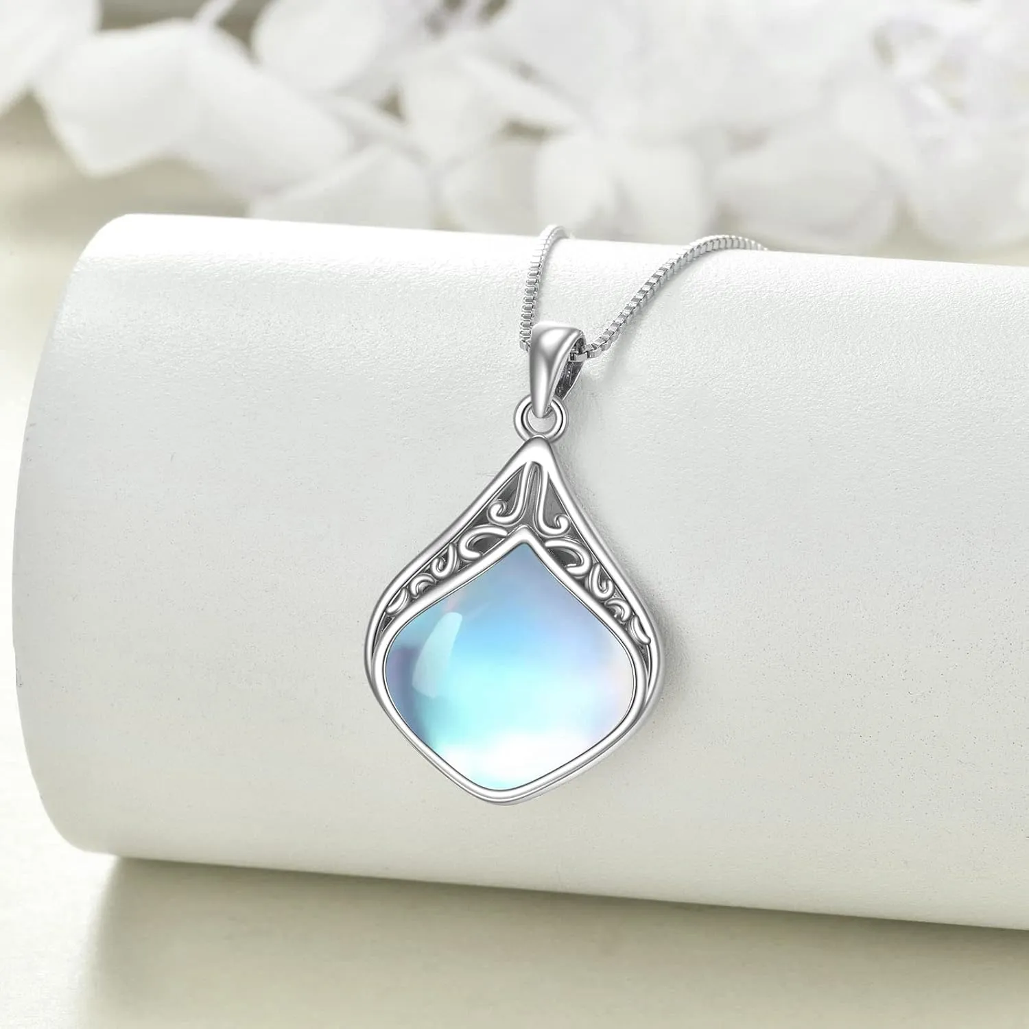 YAFEINI Teardrop Necklace Sterling Silver Filigree Irish Pendant Necklace Natural Stone Moonstone/Lapis Lazuli/Larimar/Moss Agate Necklace Jewelry