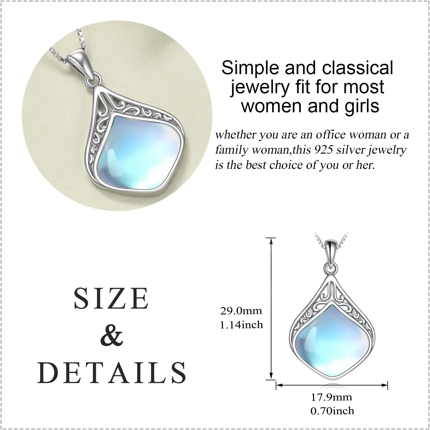 YAFEINI Teardrop Necklace Sterling Silver Filigree Irish Pendant Necklace Natural Stone Moonstone/Lapis Lazuli/Larimar/Moss Agate Necklace Jewelry