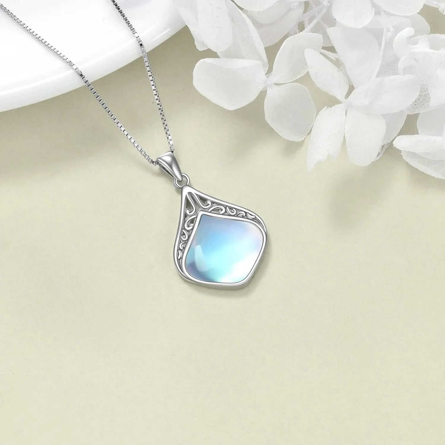 YAFEINI Teardrop Necklace Sterling Silver Filigree Irish Pendant Necklace Natural Stone Moonstone/Lapis Lazuli/Larimar/Moss Agate Necklace Jewelry