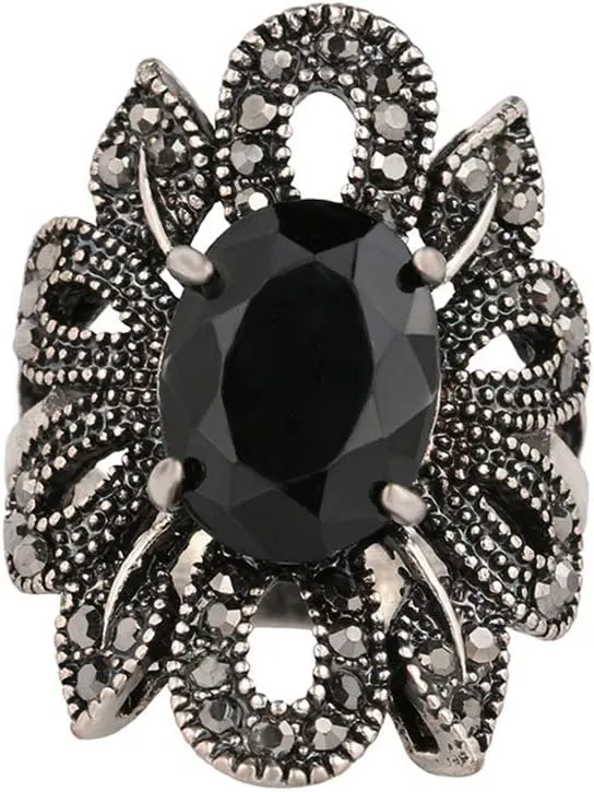 YAZILIND Punk Style Ring Natural Black Gemstone Resin Hollow Flower Lady Nightclub Statement Rings