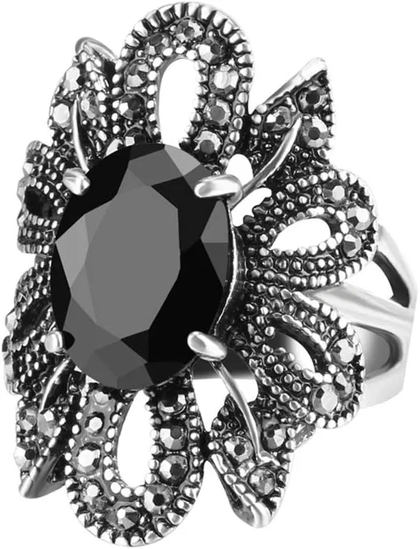 YAZILIND Punk Style Ring Natural Black Gemstone Resin Hollow Flower Lady Nightclub Statement Rings
