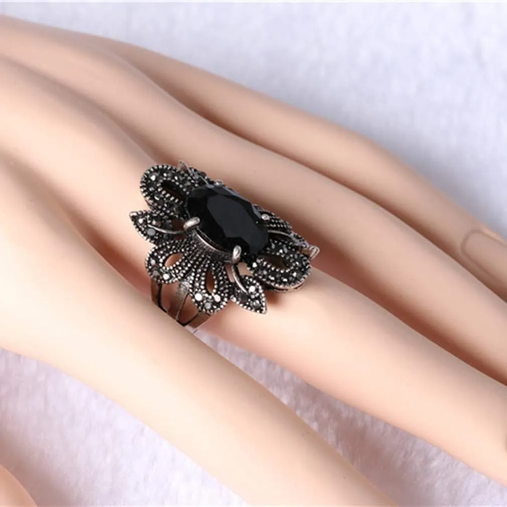 YAZILIND Punk Style Ring Natural Black Gemstone Resin Hollow Flower Lady Nightclub Statement Rings