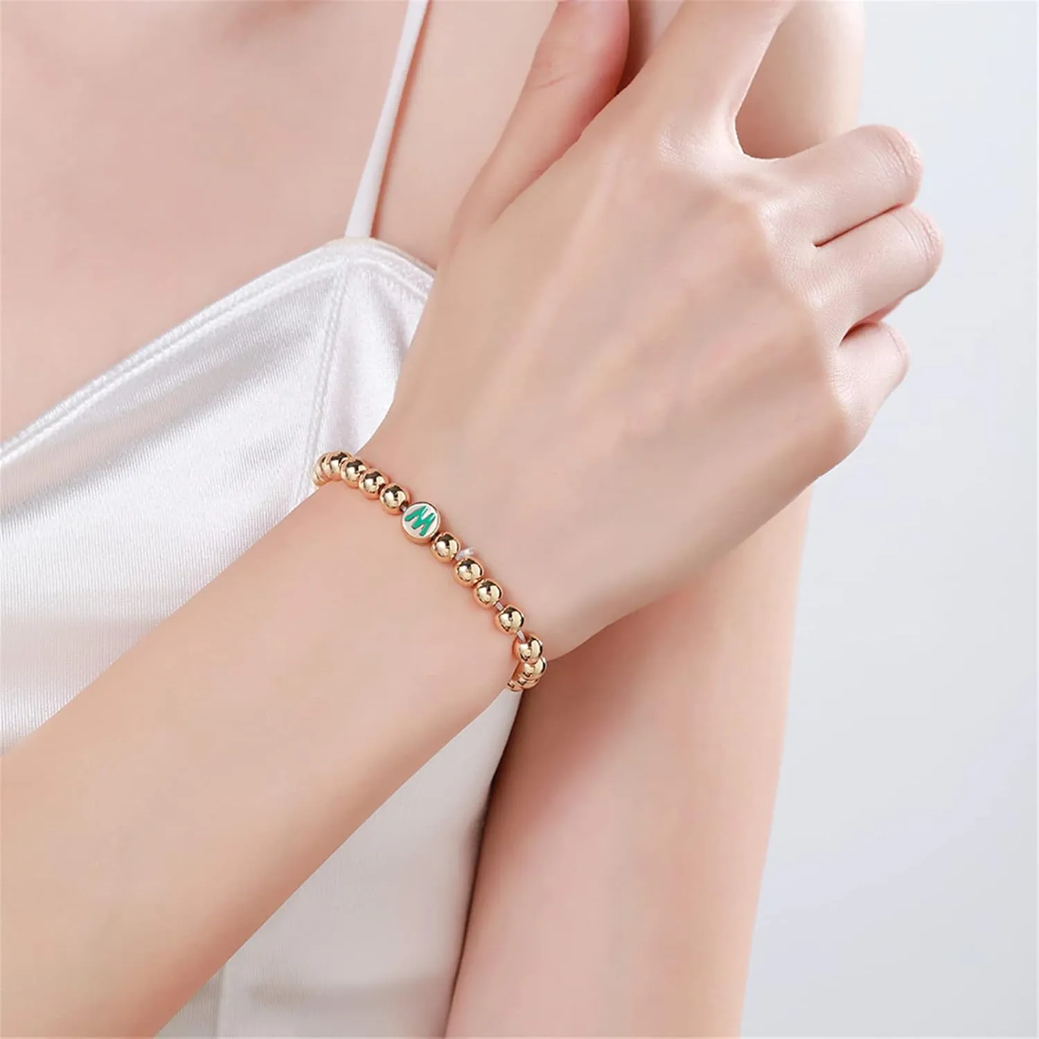 YBMYCM Letter Beaded Bracelets Initial Bracelets 14K Gold Plated Stretch Bracelets for Women Jewelry