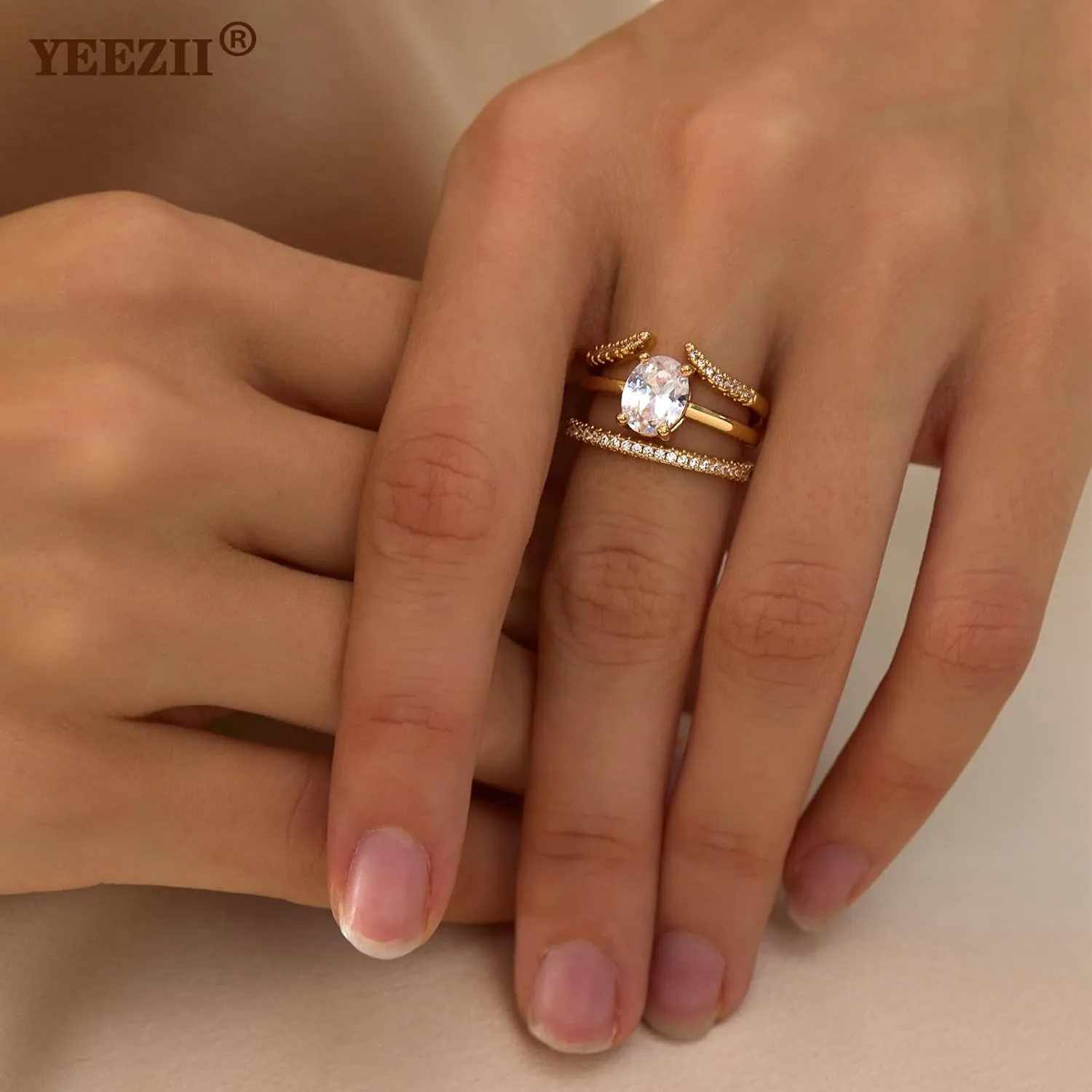 YEEZII Gold Rings for Women Non Tarnish, 14K Gold Stacking Cubic Zirconia Rings Pack, Dainty Stackable Gold Knuckle Rings Set Size 5-10