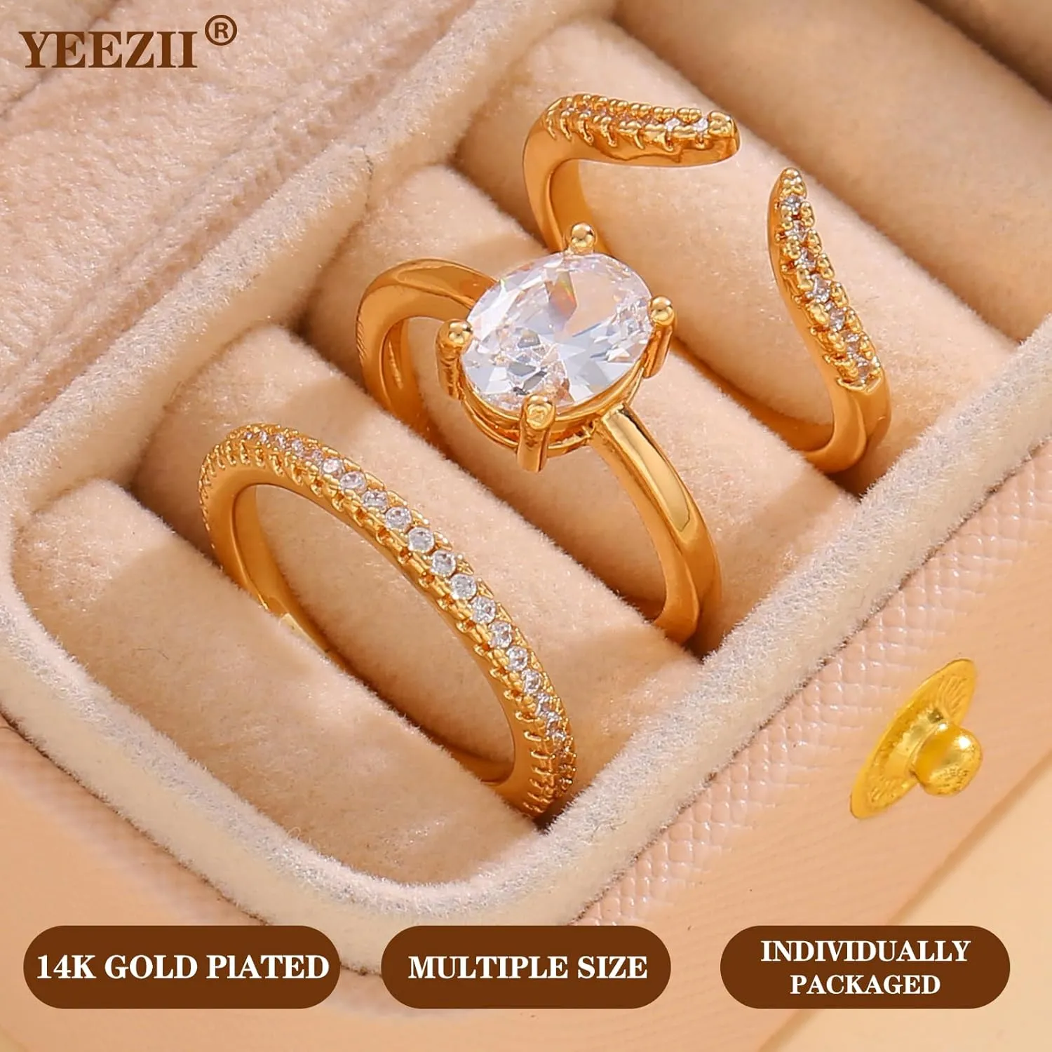 YEEZII Gold Rings for Women Non Tarnish, 14K Gold Stacking Cubic Zirconia Rings Pack, Dainty Stackable Gold Knuckle Rings Set Size 5-10
