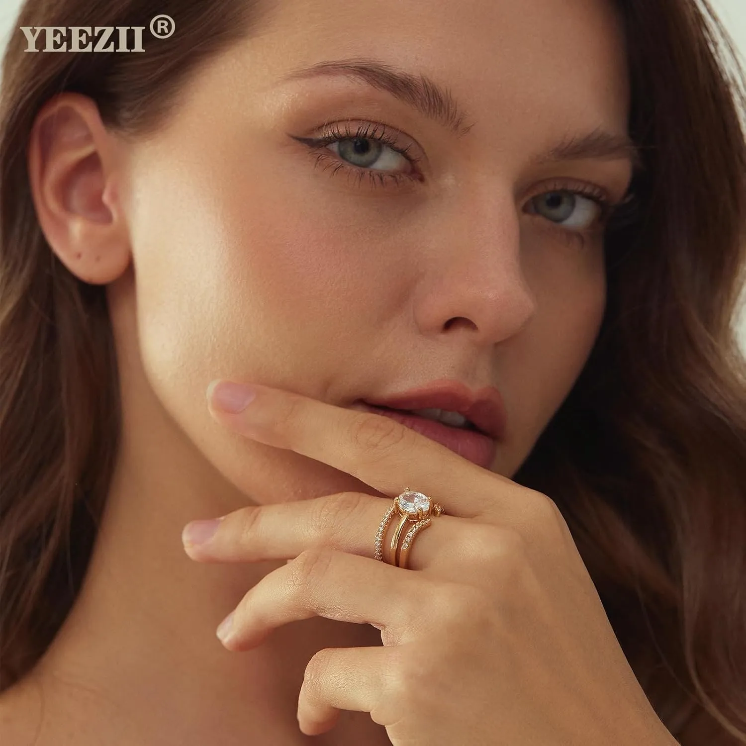 YEEZII Gold Rings for Women Non Tarnish, 14K Gold Stacking Cubic Zirconia Rings Pack, Dainty Stackable Gold Knuckle Rings Set Size 5-10