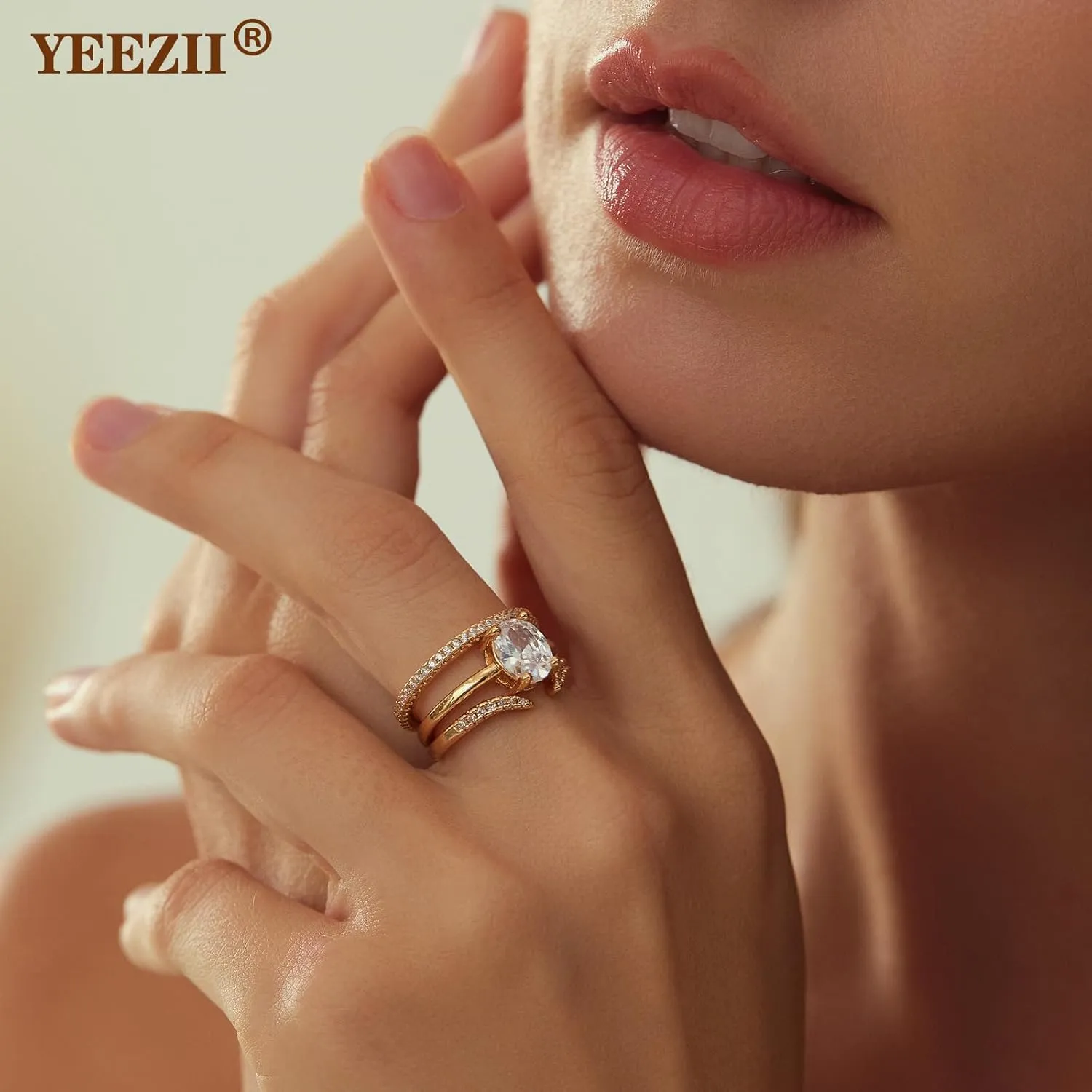 YEEZII Gold Rings for Women Non Tarnish, 14K Gold Stacking Cubic Zirconia Rings Pack, Dainty Stackable Gold Knuckle Rings Set Size 5-10