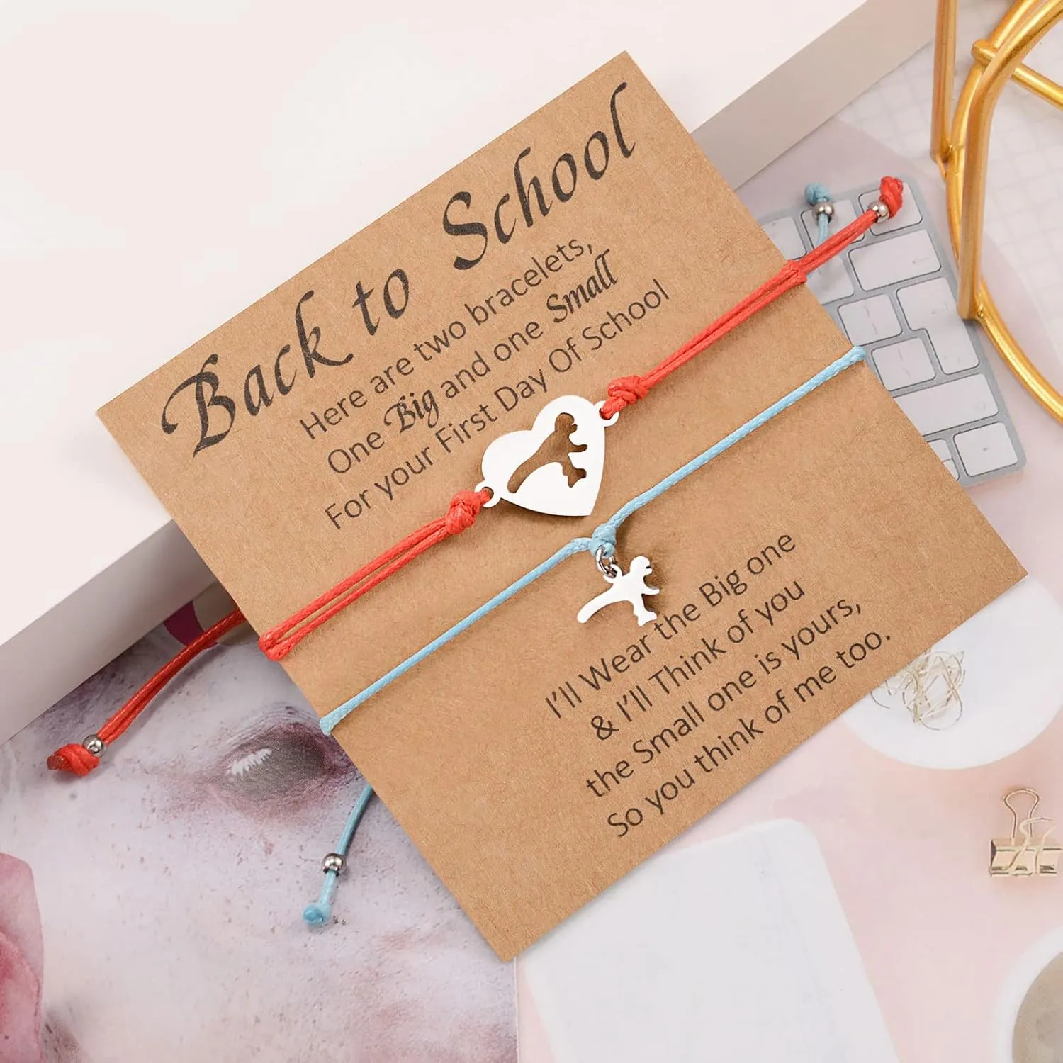 YELUWA 2 Pcs Back to School Gift, First Day of School Gift, Lovely Charm Bracelets Set for Daughter/Son from Mother Mommy and Me Jewelry with Gift Box Wish Card