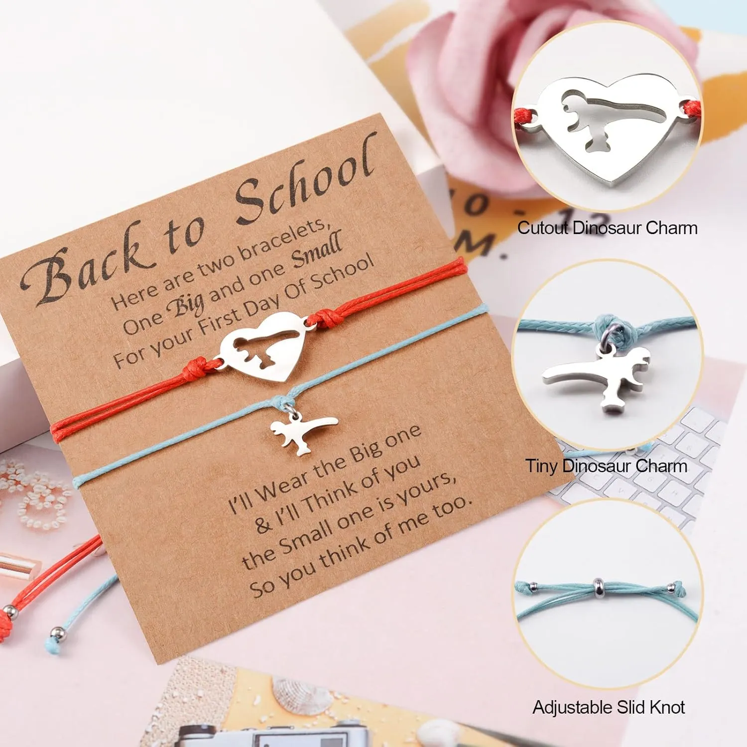 YELUWA 2 Pcs Back to School Gift, First Day of School Gift, Lovely Charm Bracelets Set for Daughter/Son from Mother Mommy and Me Jewelry with Gift Box Wish Card