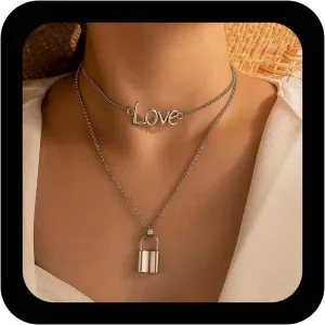 YienDoo Punk Layered Word Love Necklace Silver Padlock Necklace Love Choker Lock Pendant Necklaces Rock Statement Layered Love Lock Necklaces Charm Jewelry for Women