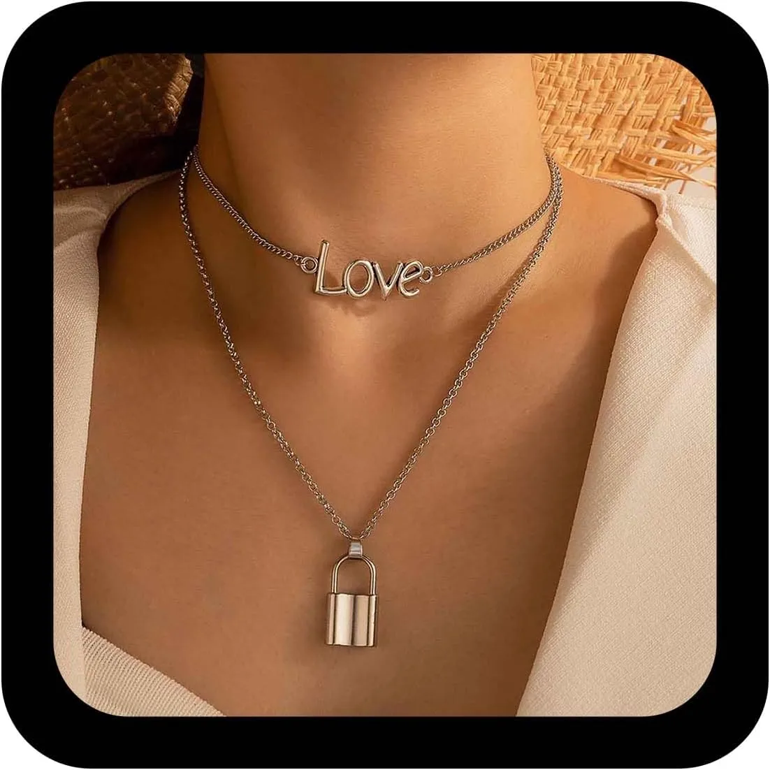 YienDoo Punk Layered Word Love Necklace Silver Padlock Necklace Love Choker Lock Pendant Necklaces Rock Statement Layered Love Lock Necklaces Charm Jewelry for Women