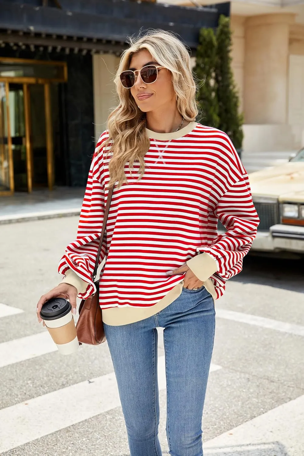 Yknktstc Womens Striped Pullover Tops Shirt Fall Clothes Long Lantern Sleeve Soft Loose Crew Neck Y2K Sweatshirts