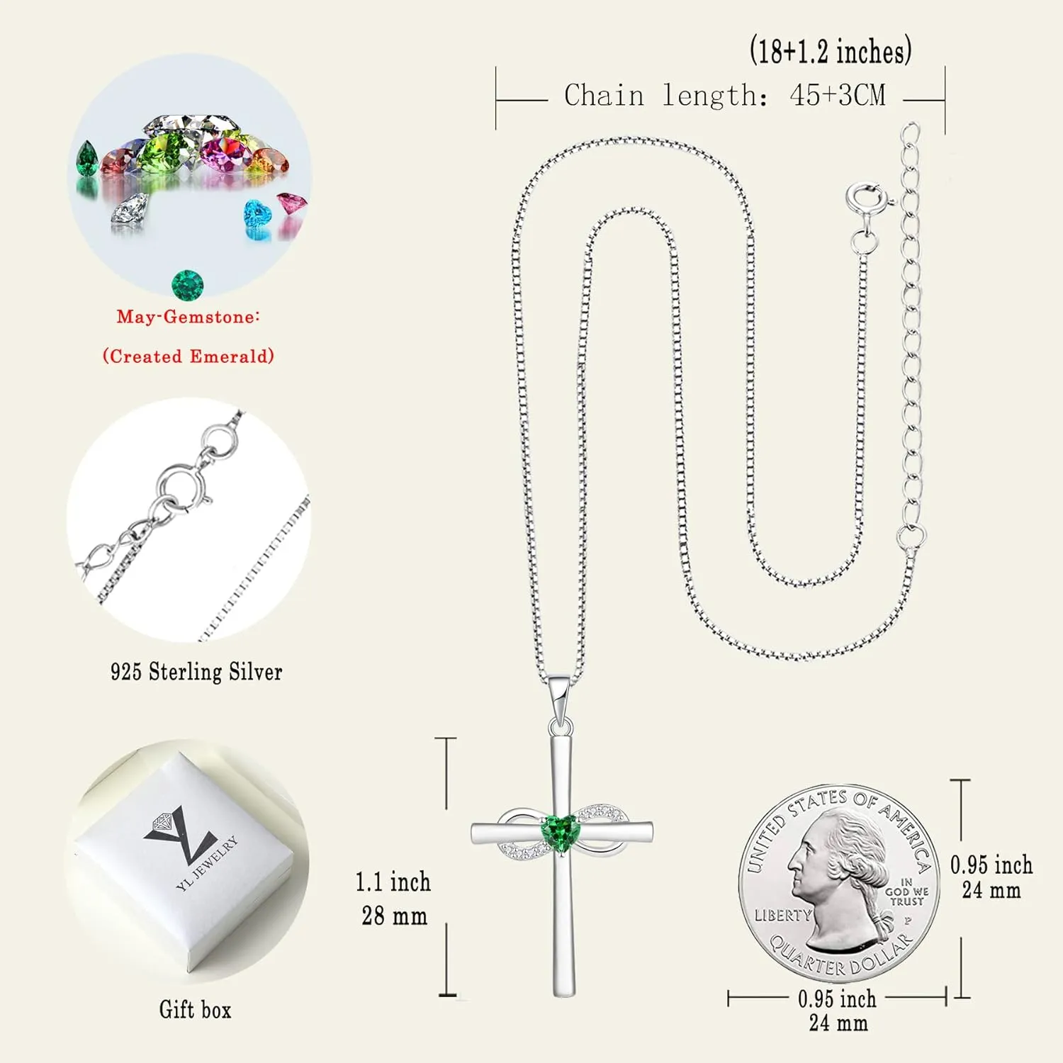 YL Infinity Cross Necklace Sterling Silver Crucifix Pendant Gemstones Criss Jewelry for Women
