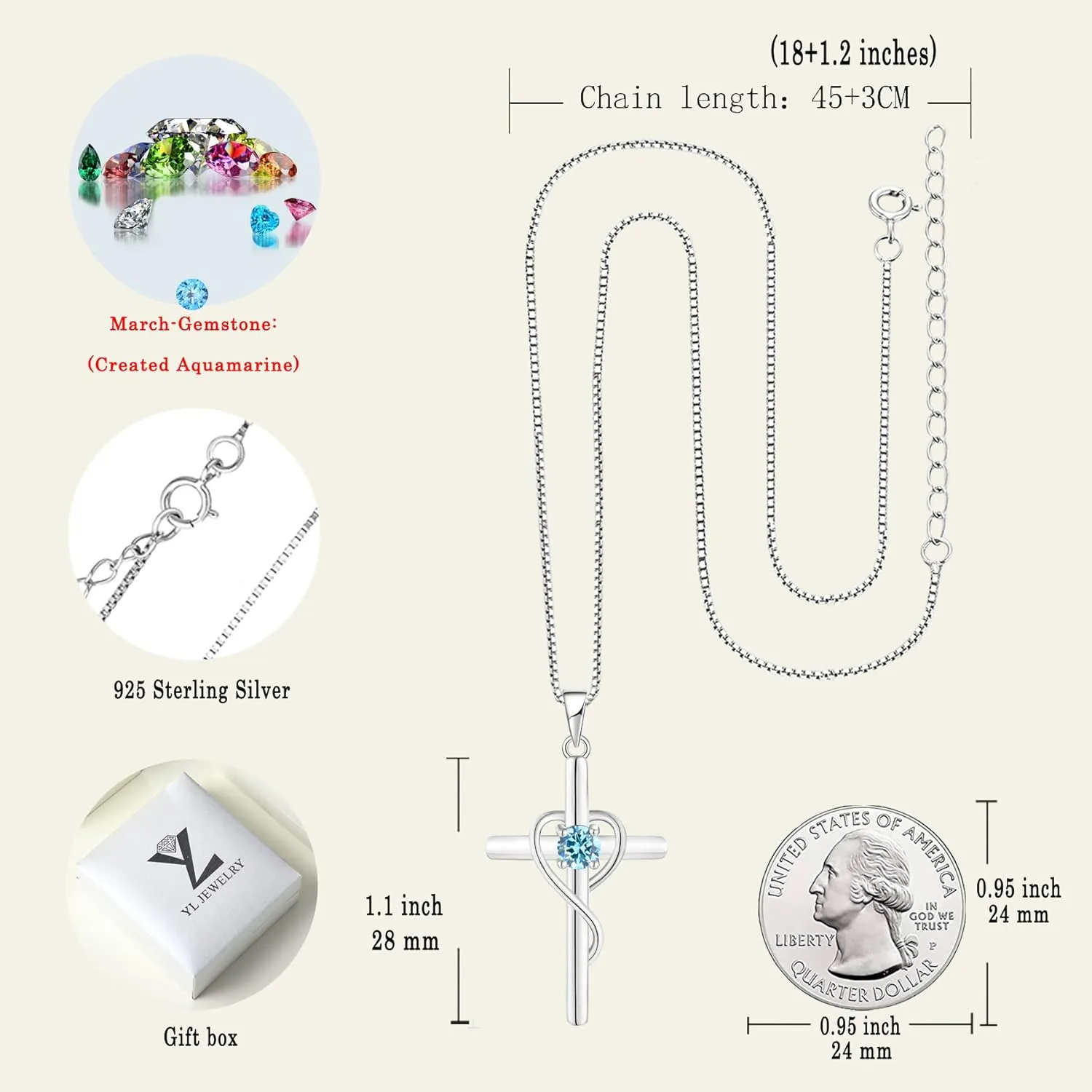 YL Infinity Heart Cross Necklace Sterling Silver Crucifix Pendant Gemstones Criss Jewelry for Women