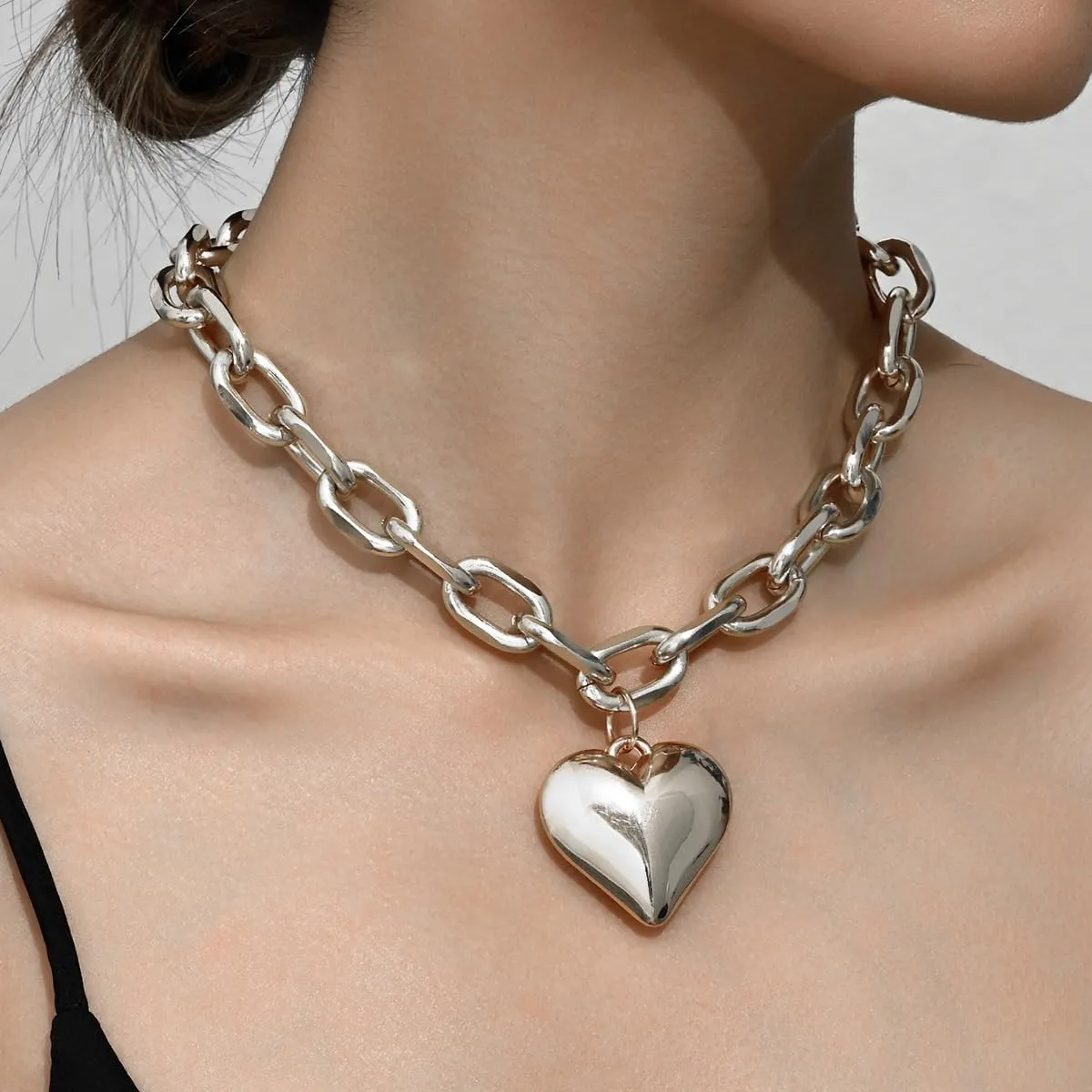 YOOESTORES82 Chunky Gold Heart Pendant Necklaces,14K Gold Punk Puffy Heart Choker Necklaces Hiphop Love Thick Chain Charm Statement Jewelry Gifts for Women