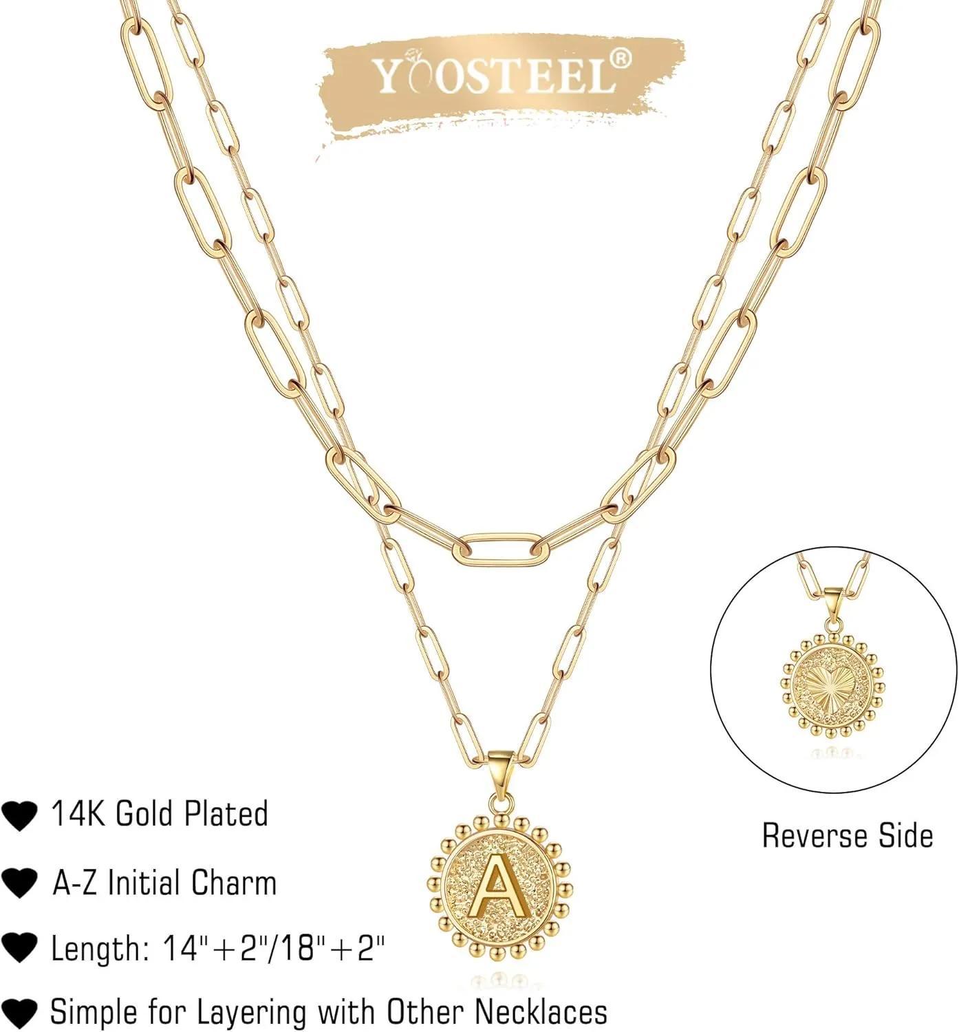 Yoosteel Gold Initial Necklaces for Women, 14K Gold Plated Dainty Layering Paperclip Link Chain Necklace Coin Initial Layered Necklaces for Women Personalized Birthday Gifts