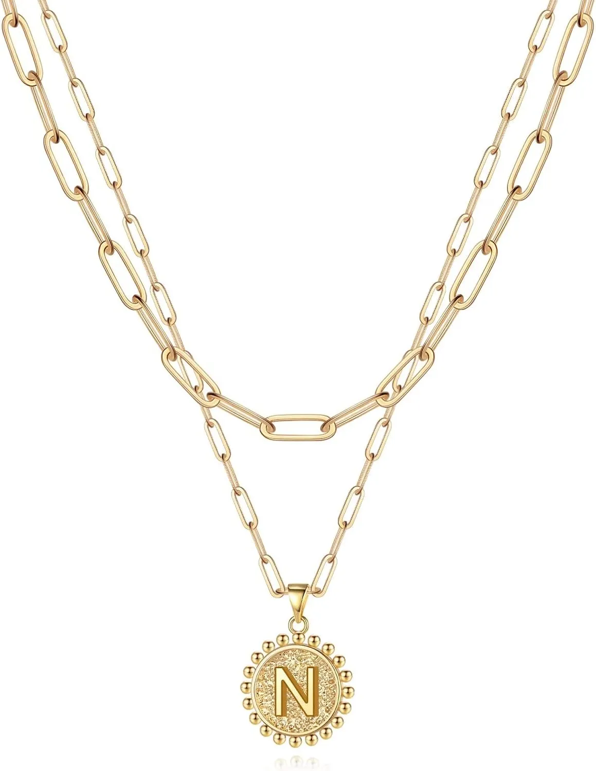 Yoosteel Gold Initial Necklaces for Women, 14K Gold Plated Dainty Layering Paperclip Link Chain Necklace Coin Initial Layered Necklaces for Women Personalized Birthday Gifts