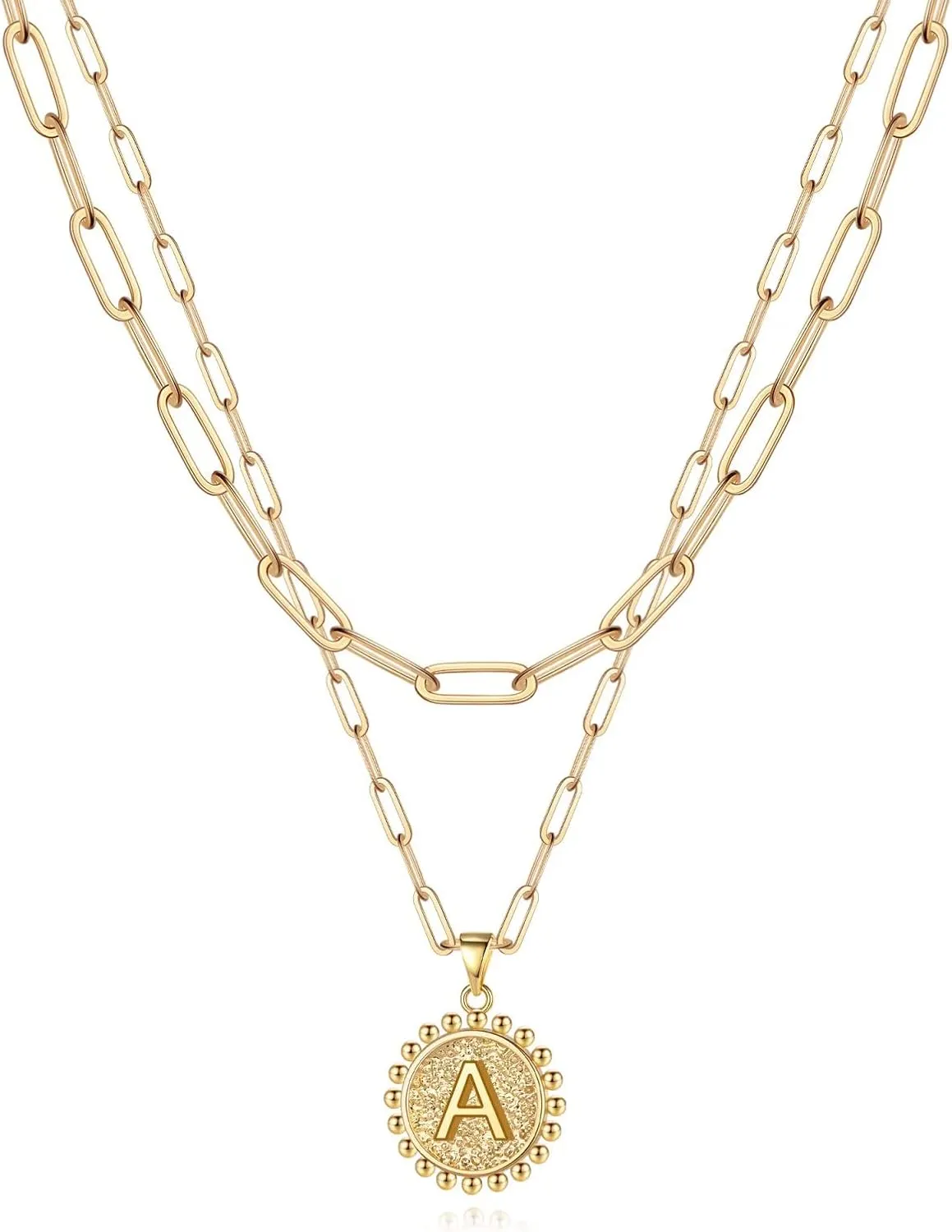 Yoosteel Gold Initial Necklaces for Women, 14K Gold Plated Dainty Layering Paperclip Link Chain Necklace Coin Initial Layered Necklaces for Women Personalized Birthday Gifts