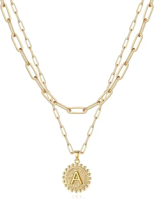 Yoosteel Gold Initial Necklaces for Women, 14K Gold Plated Dainty Layering Paperclip Link Chain Necklace Coin Initial Layered Necklaces for Women Personalized Birthday Gifts